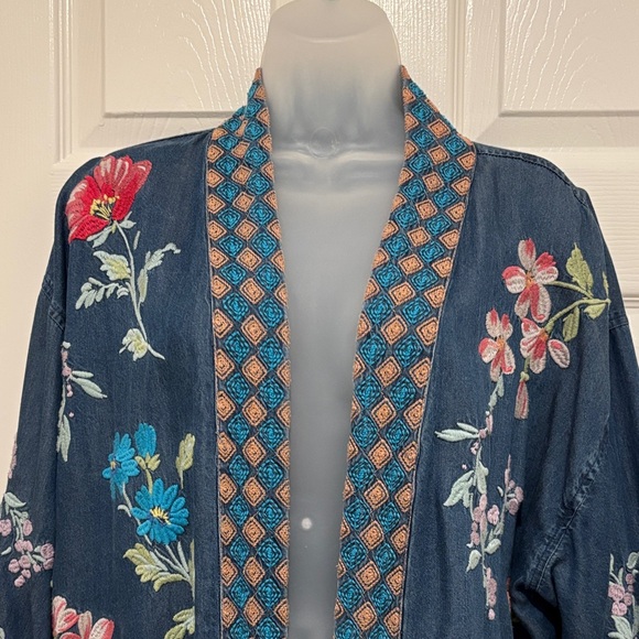 Johnny Was Navy Floral Embroidered Jean Jacket - Picture 2 of 16